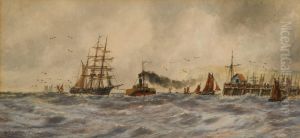 A Merchantman Under Tow From A Paddle Tug With Harbour Beyond