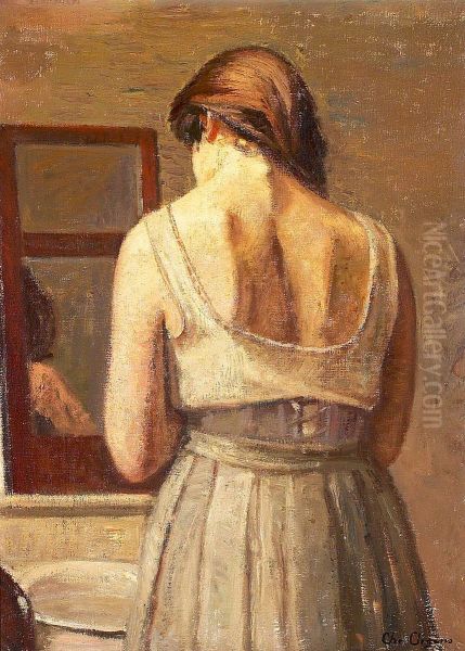 Woman seen from behind at a washstand. - view 1