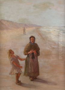 Strandparti med strikkende kvinde og pige. by Christian Aigens