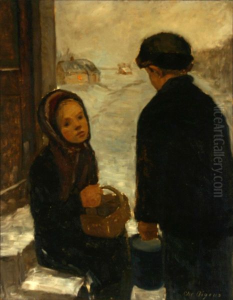 Two children in a winter landscape. - view 1
