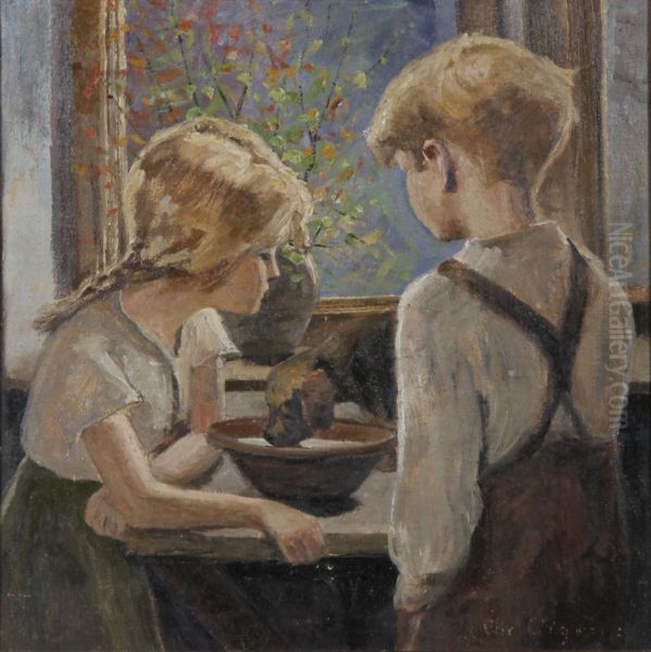 Two children with a small dog. - view 1