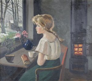 Wintertime interior with a young woman.