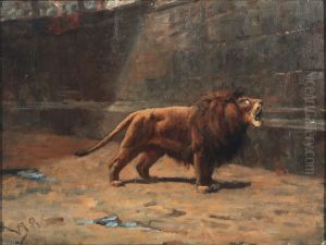 A roaring lion in the Colosseum. by Valdemar Irminger