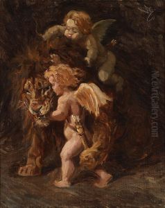 Cupids pestering an old lion by Valdemar Irminger