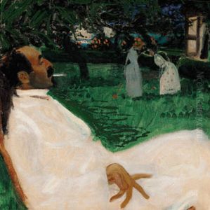The author Henri Nathansen in a garden. by Valdemar Andersen