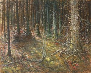 Forest with firs and mushrooms. by Valdemar Irminger