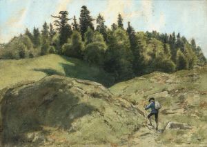 Hikers in a hilly landscape by Hans Thoma