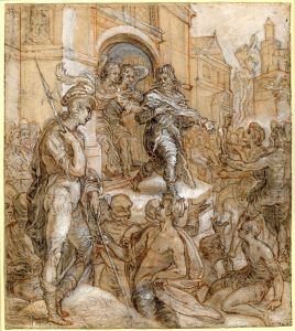 Lot rescued from the men of Sodom by Jan Saenredam