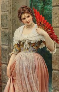 Junge Dame mit rotem Facher by Eugene de Blaas