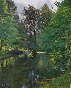 Landscape with a rowboat on a pond.