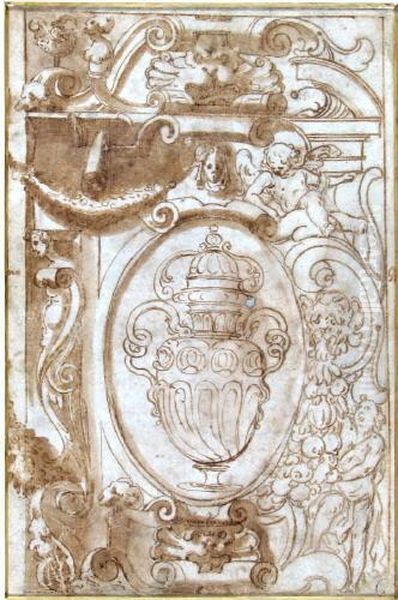 Entwurf Fur Wandfullung Mit Von Rollwerk Eingefasster Prunkvase
Und Allegorischem Beiwerk - view 1