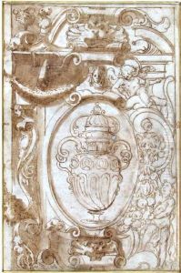 Entwurf Fur Wandfullung Mit Von Rollwerk Eingefasster PrunkvaseUnd Allegorischem Beiwerk