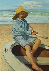 Beach view with a boy in a dinghy. Tannishus, Jutland.