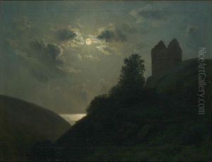 Full moon at the ruins of Hammershus, Denmark. by Johannes Herman Brandt