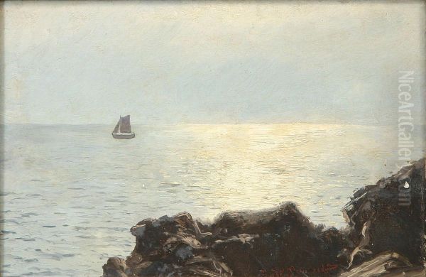 A sailing ship off a rocky coast. - view 1