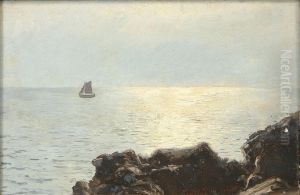 A sailing ship off a rocky coast. by Johannes Herman Brandt