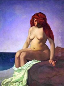 Baigneuse rousse assise sur un rocher