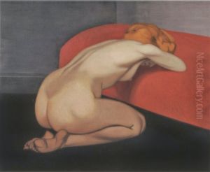Naked Woman Kneeling in front of a Red Couch by Felix Vallotton