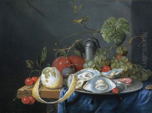 Still life with fruit and oysters on a pewter plate