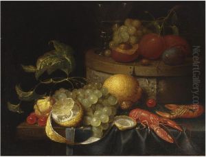 Still life with crayfish, grapes, lemons, cherries, walnuts, a box with a berkemeier and peaches, all on a draped table