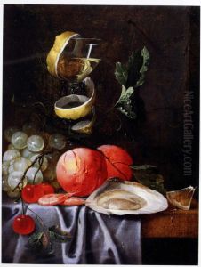 A wine glass and fruits on a table by G. van Deynum