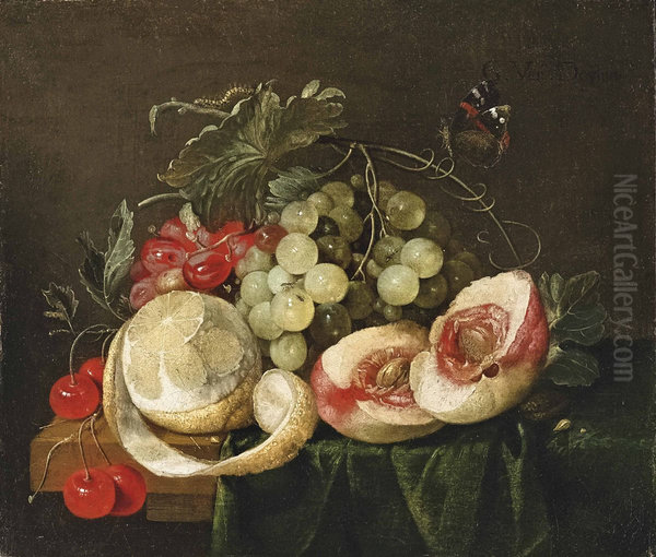 A peeled lemon, open peach, grapes and cherries, with a butterfly, on a partly-draped table - view 1