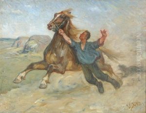 Trying to catch a runaway horse. by Valdemar Irminger