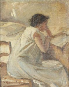 Portrait of a young woman reading. by Valdemar Irminger