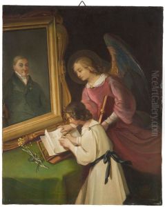 Jeune fille avec ange gardien, ecrivant devant un tableau (portrait du donateur, Ph. Merian) by Dionys Ganter