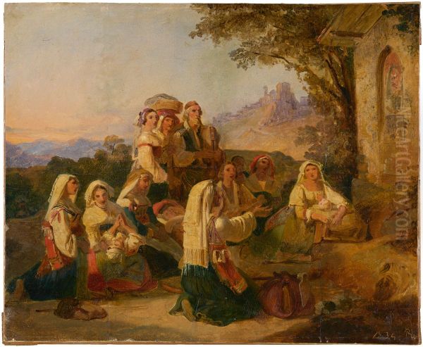 Paysans italiens en priere devant un calvaire non loin de Cervara - view 1