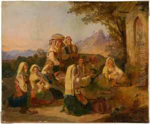 Paysans italiens en priere devant un calvaire non loin de Cervara by Johann Baptist Kirner