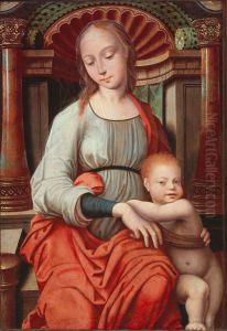 Maria met kind zittend voor een renaissancenis by Master of the Mansi Magdalen