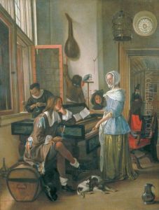 Company with woman playing harpsichord in an interior by Jan Steen