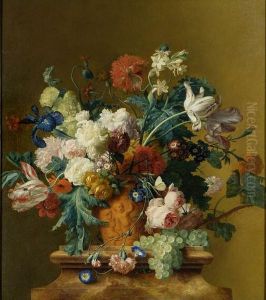 Bloemstilleven in een terracotta vaas op een marmeren voetstuk by Jan Van Huysum