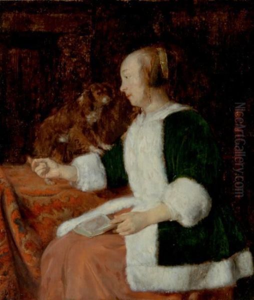 Woman with a book on her lap and a dog besides her - view 1