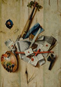 Trompe l'oeil with kit, painter's implements, letters and miniature self-portrait by Cornelis Norbertus Gijsbrechts