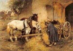 Bauer futtert seine Pferde by Friedrich Eckenfelder