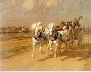 Schimmelgespann mit lustiger Bauerngesellschaft im Wagen by Friedrich Eckenfelder