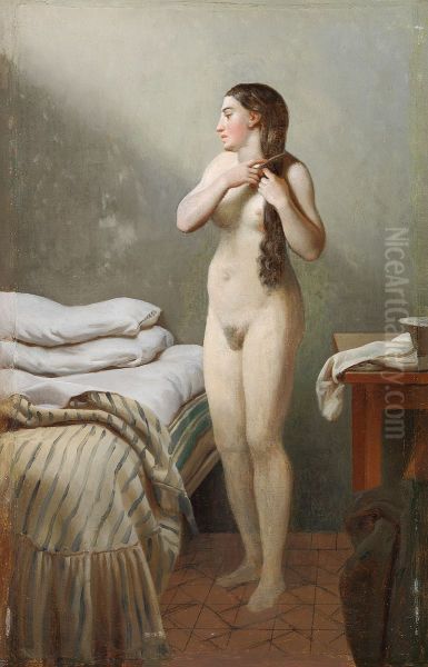A female standing by a bed, combing her hair. - view 1