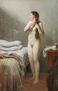 A female standing by a bed, combing her hair. by Christoffer Wilhelm Eckersberg