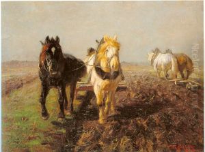 Zwei Pferde am Pflug by Friedrich Eckenfelder