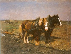 Zwei Pferde vor dem Pflug stehend by Friedrich Eckenfelder