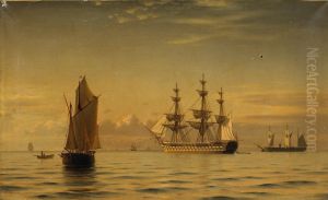A ship of the line with other shipping on a calm sea . by Christian Eckardt