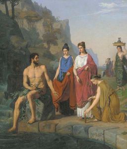 Nausikaa and her maids bringing clothes to the shipwrecked Odysseus.