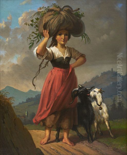 Peasant Girl with Two Goats, Carrying a Bundle of Hay - view 1