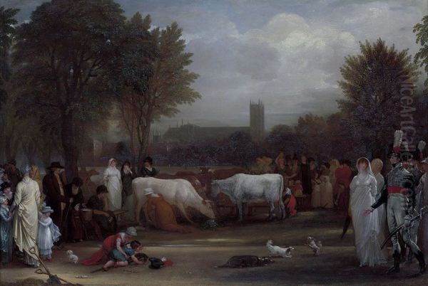 Milkmaids in St. James's Park, Westminster Abbey beyond - view 1