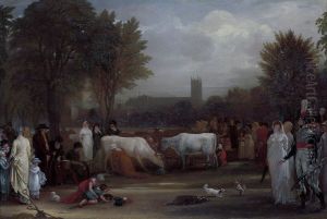 Milkmaids in St. James's Park, Westminster Abbey beyond by Benjamin West