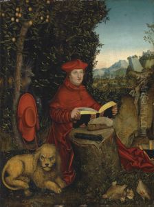 Kardinal Albrecht von Brandenburg als Hl. Hieronymus in einer Landschaft by Lucas Cranach the Elder