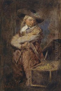 A Man In Period Costume From The Time Of Oliver Cromwell Standing Next To An Open Treasure Chest