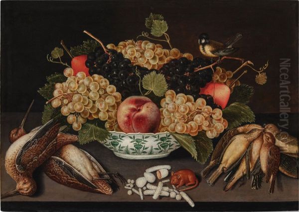 Still life of grapes, pears, and a peach in a porcelain bowl, with a blue tit on a vine branch, together with a mouse, sweetmeats, two snipes, and songbirds - view 1